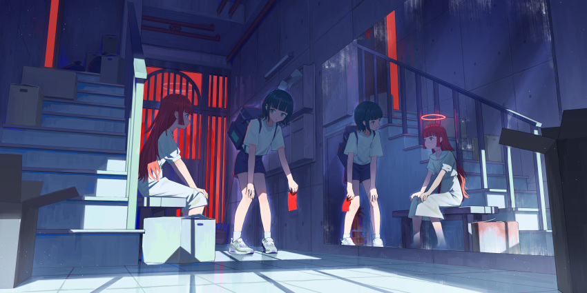 2girls, absurdres, backpack, bag, blue_eyes, blue_hair, blue_shorts, blunt_bangs, card, cardbox, collared_dress, commentary_request, dress, halo, highres, holding, holding_card, incredibly_absurdres, kenharu, light_blush, long_dress, long_hair, mirror, multiple_girls, original, outdoors, puffy_dress, railing, red_card, red_eyes, red_halo, redhead, reflection, shirt, shorts, sidelocks, stairs, white_dress, white_shirt, wide_shot
