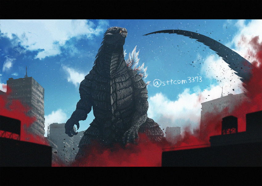 blue_sky, building, claws, colored_smoke, comiket_104, fangs, giant, giant_monster
