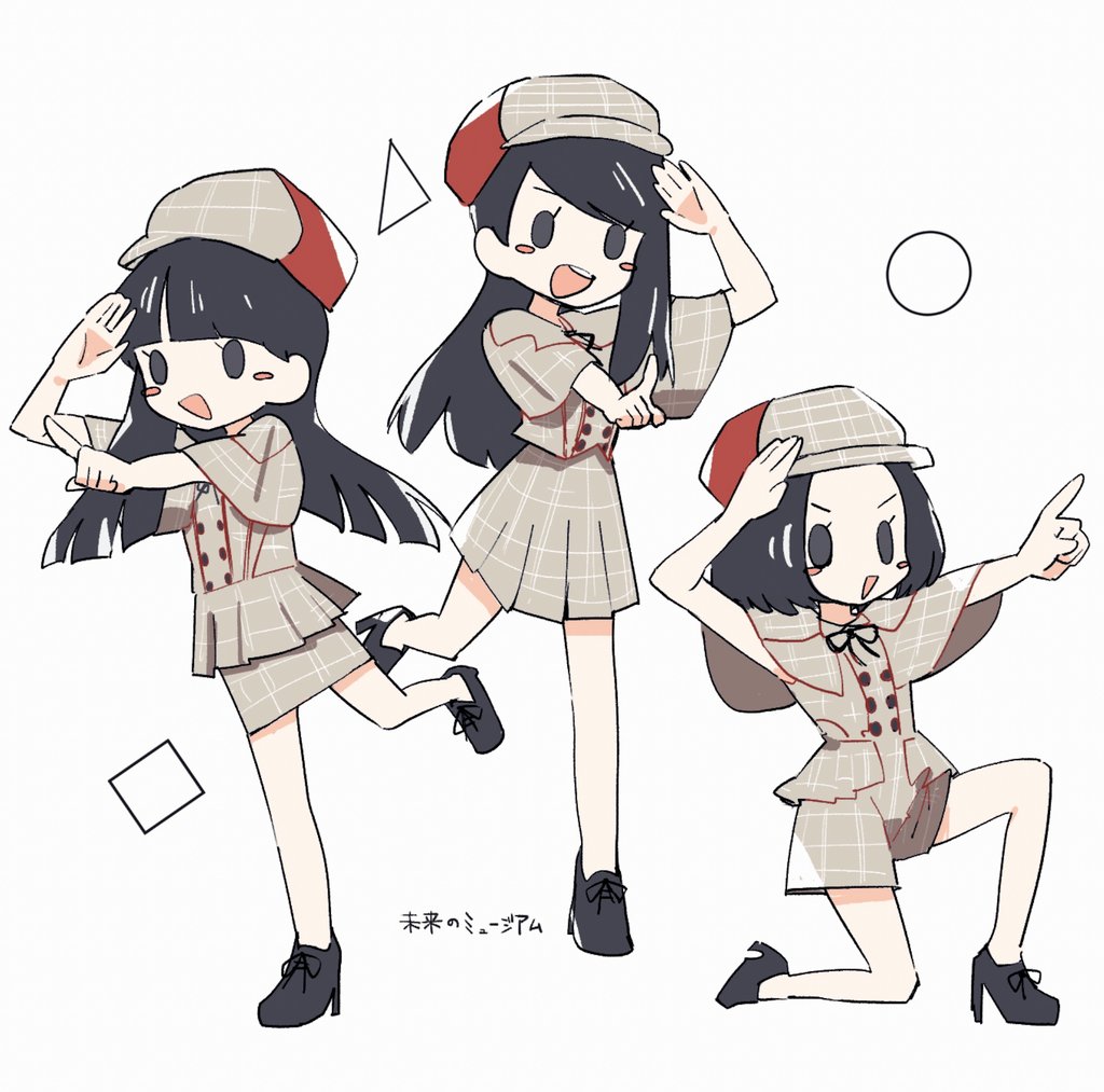 black_footwear, black_hair, blunt_bangs, grey_background, hat, high_heels, long_hair, multiple_girls