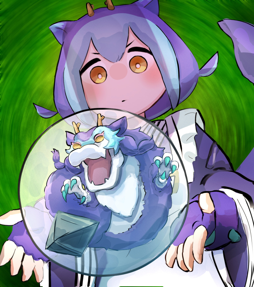 1girl, blue_hair, blue_kimono, dragon, dragon's_dream, dragon_girl, dragon_horns, dragon_tail