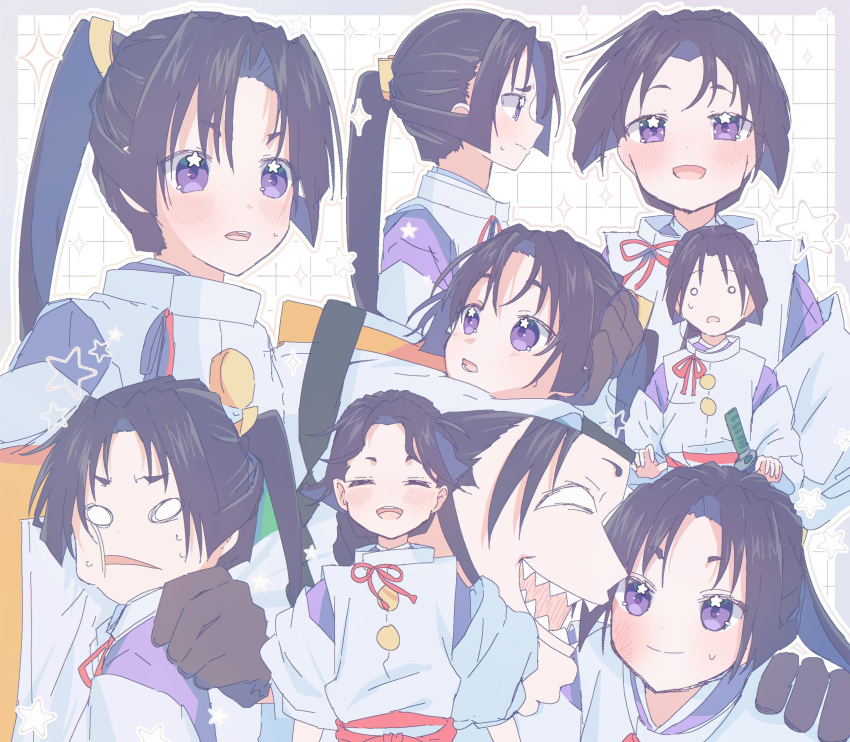 +_+, 2boys, :d, black_gloves, black_hair, blank_eyes, blush, border