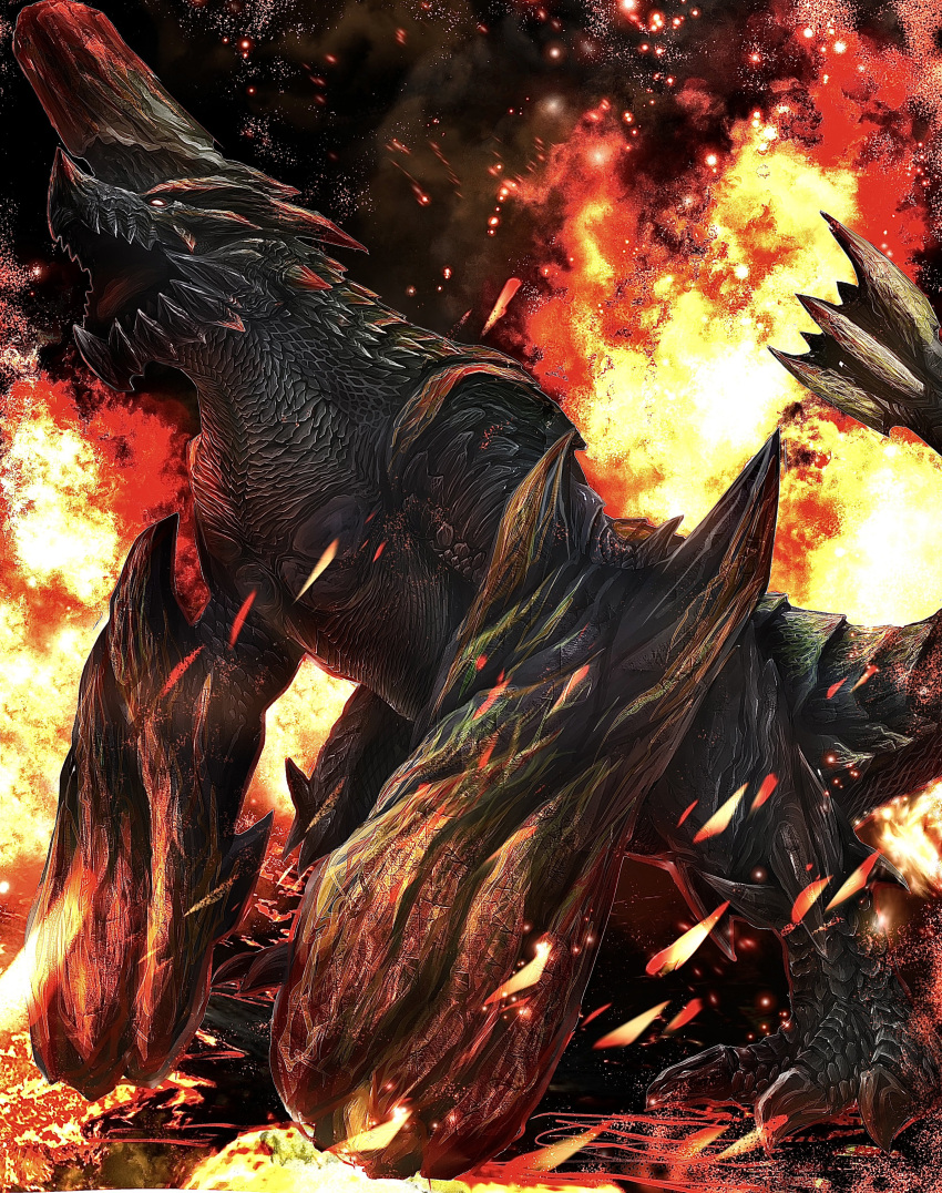 absurdres, brachydios, fire, glowing, highres, horns, monster, monster_focus