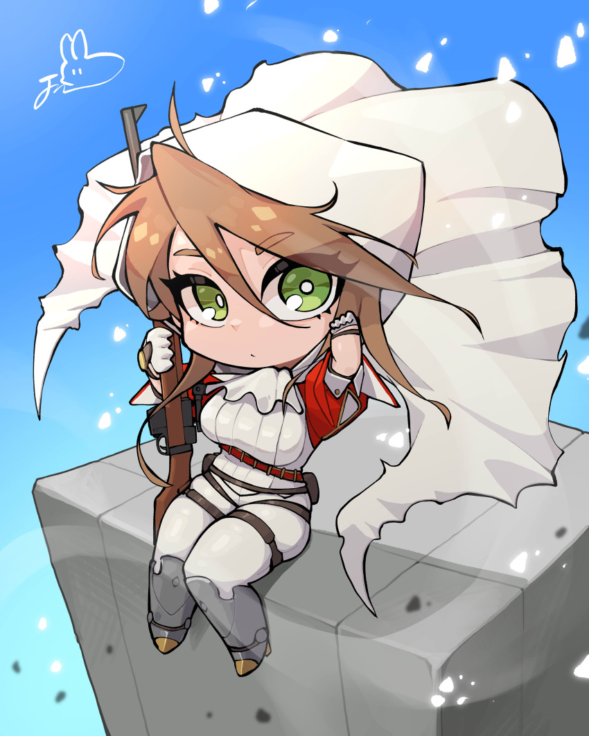 1girl, absurdres, armored_boots, bolt_action, boots, breasts, brown_hair, cape, chibi, closed_mouth, dillo_(smootharmadillo), full_body, girls_frontline, gloves, green_eyes, gun, high_heel_boots, high_heels, highres, jacket, lee-enfield, lee-enfield_(girls'_frontline), lee-enfield_(mod3)_(girls'_frontline), looking_at_viewer, pants, red_jacket, rifle, signature, sitting, solo, thigh_strap, weapon, white_cape, white_gloves, white_hood, white_pants