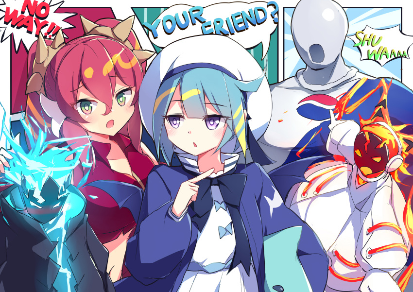 2boys, 3girls, absurdres, blue_hair, crop_top, crossover, duel_monster, english_text