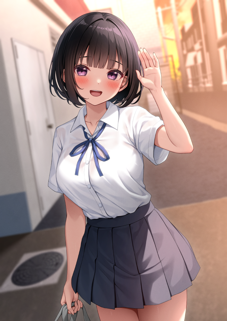 1girl, :d, bag, black_hair, black_skirt, blue_ribbon, blush, bob_cut