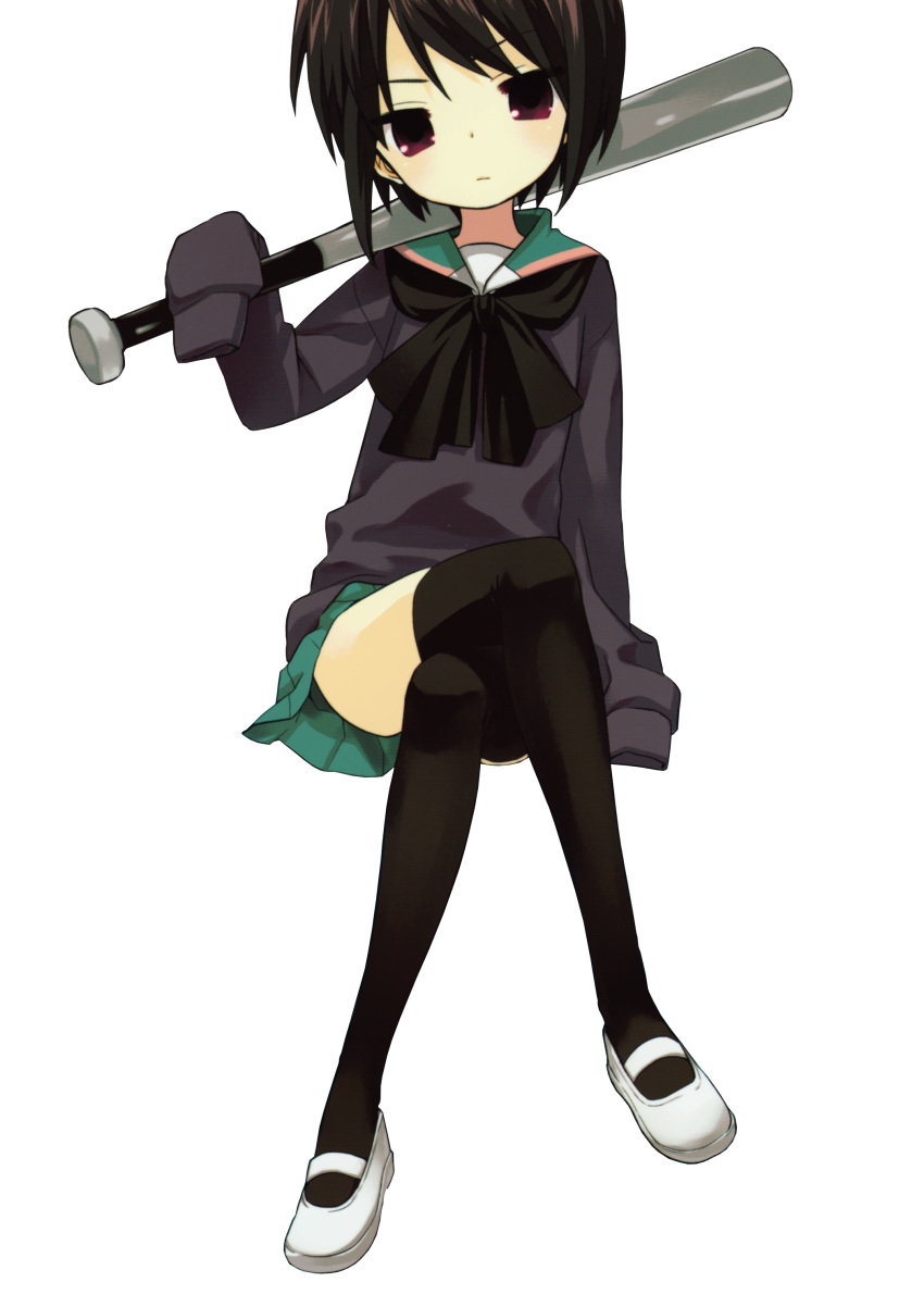 1girl, a_channel, absurdres, baseball_bat, black_hair, black_legwear, crossed_legs, extraction