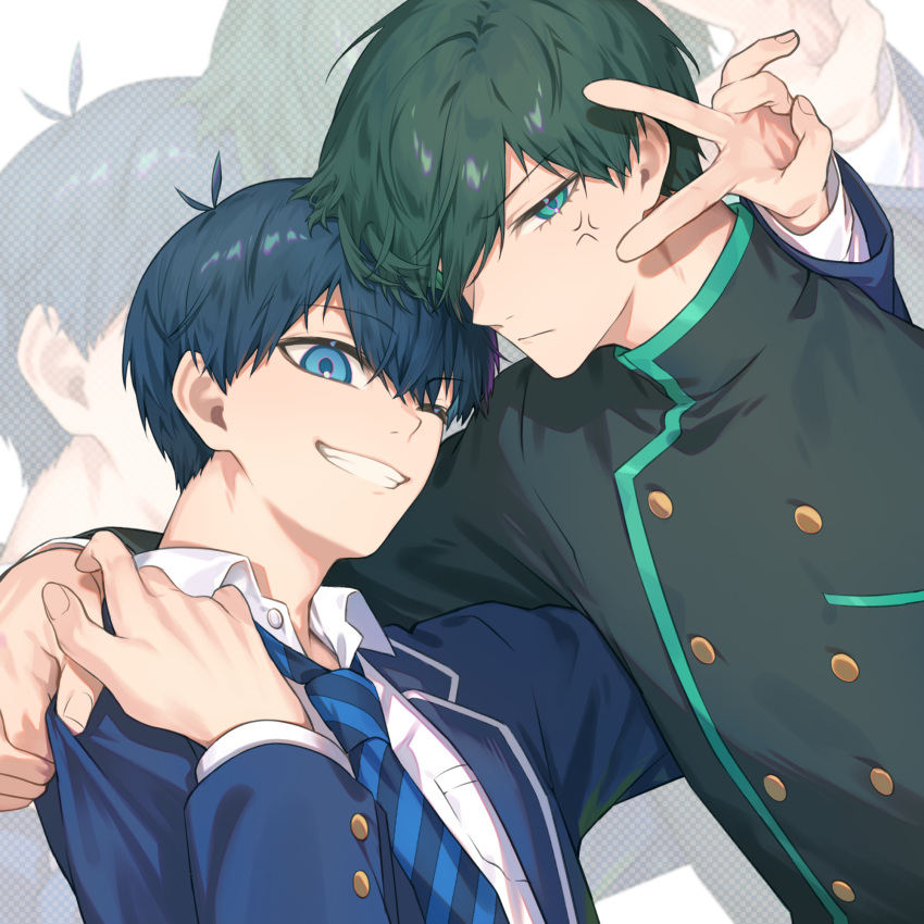 2boys, anger_vein, aqua_eyes, blue_eyes, blue_hair, blue_lock, blue_necktie, breast_pocket
