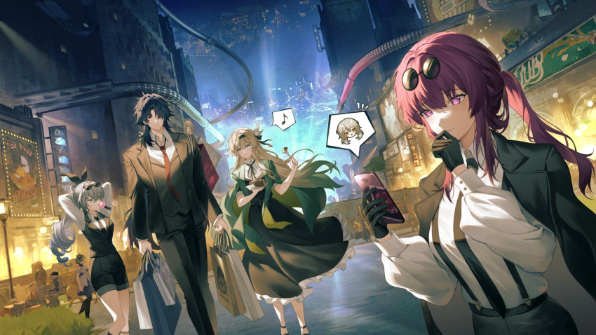 5girls, arms_behind_head, arms_up, bag, black_dress, black_hair, black_hairband, black_jacket, black_necktie, black_pants, black_ribbon, black_shorts, black_vest, blade_(honkai:_star_rail), blade_(jepella_rebellion)_(honkai:_star_rail), blowing_bubbles, chibi, commentary, dress, eyewear_on_head, firefly_(honkai:_star_rail), firefly_(jepella_rebellion)_(honkai:_star_rail), food, hair_ribbon, hairband, highres, holding, holding_bag, holding_food, holding_phone, honkai:_star_rail, honkai_(series), jacket, kafka_(honkai:_star_rail), kafka_(jepella_rebellion)_(honkai:_star_rail), long_hair, long_sleeves, multiple_girls, musical_note, necktie, official_alternate_costume, pants, phone, purple_hair, ribbon, rio_(rio773), shirt, shopping_bag, shorts, sidelocks, silver_wolf_(honkai:_star_rail), silver_wolf_(jepella_rebellion)_(honkai:_star_rail), spoken_musical_note, stelle_(honkai:_star_rail), sunglasses, suspenders, trailblazer_(honkai:_star_rail), vest, violet_eyes, white_shirt