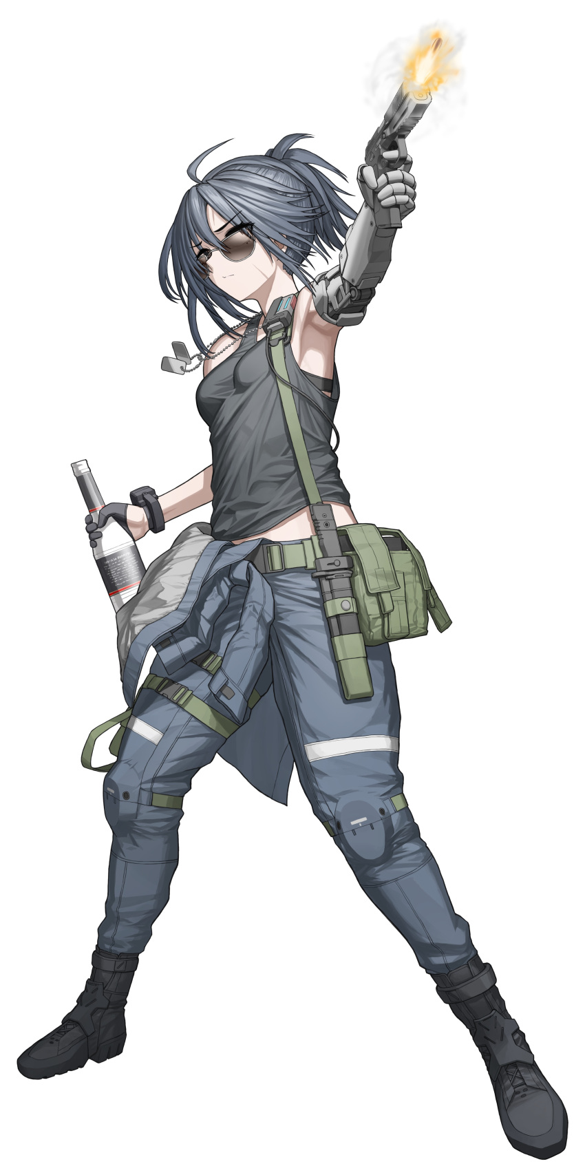 1girl, absurdres, alcohol, angelia_(girls'_frontline), armpits, black_footwear, black_gloves, black_hair
