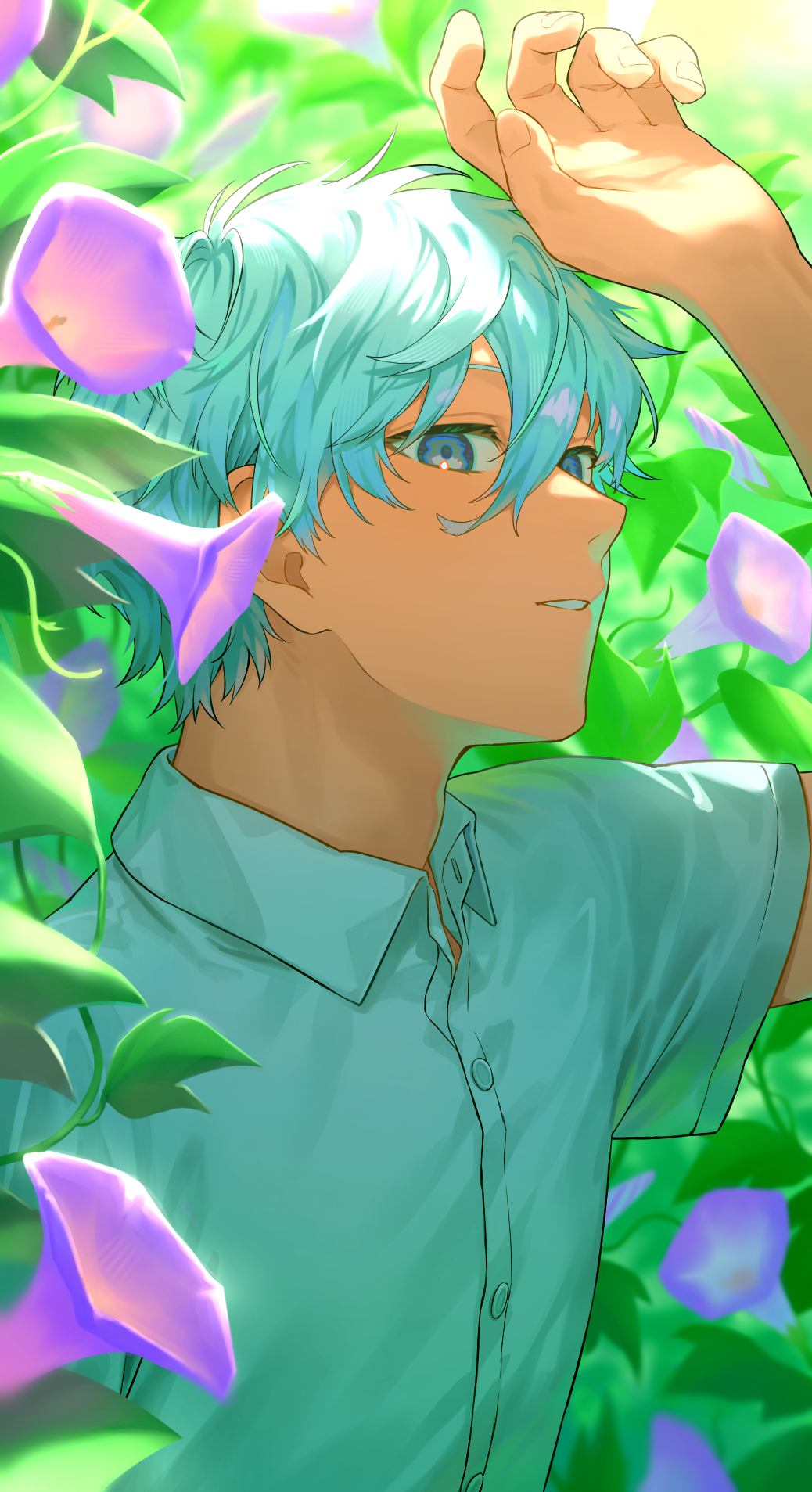 1boy, blue_lock, collared_shirt, expressionless, flower, green_background, grey_eyes, hair_between_eyes, hand_up, highres, leaf, male_focus, nagi_seishirou, nature, outdoors, parted_lips, plant, purple_flower, shirt, short_hair, short_sleeves, solo, teeth, udality, upper_body, white_hair, white_shirt