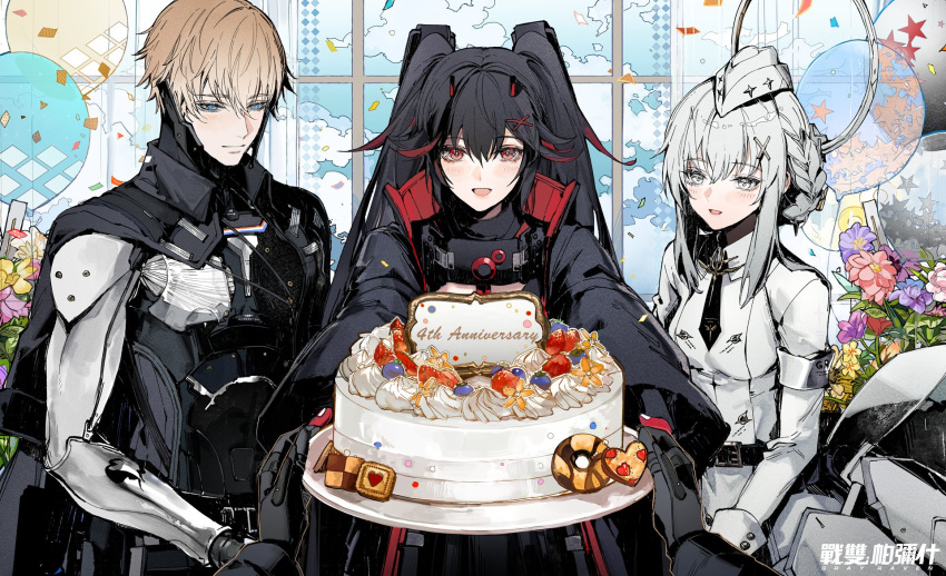 1boy, 1other, 2girls, black_dress, black_hair, black_jacket, black_necktie, blonde_hair