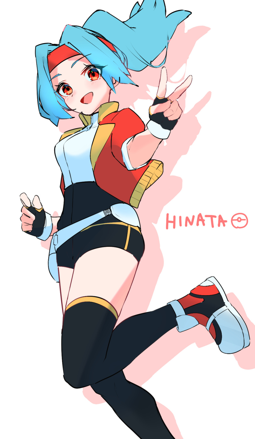 1girl, :d, black_shorts, black_thighhighs, character_name, commentary_request, fanny_pack, fingerless_gloves