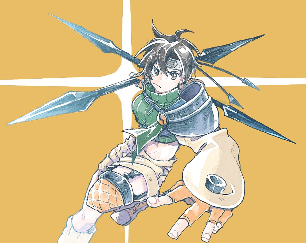 1girl, armor, breasts, brown_eyes, brown_hair, crop_top, fighting_stance, final_fantasy