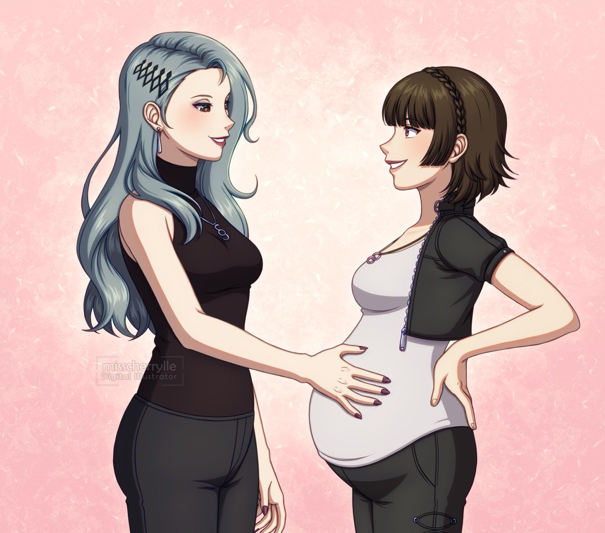 2girls, adricarra, belly, big_belly, ear_piercing, hand_on_own_back, hand_on_own_stomach, jewelry, long_hair, multiple_girls, necklace, open_mouth, persona, persona_5, piercing, pregnant, short_hair, smile, stomach, teeth