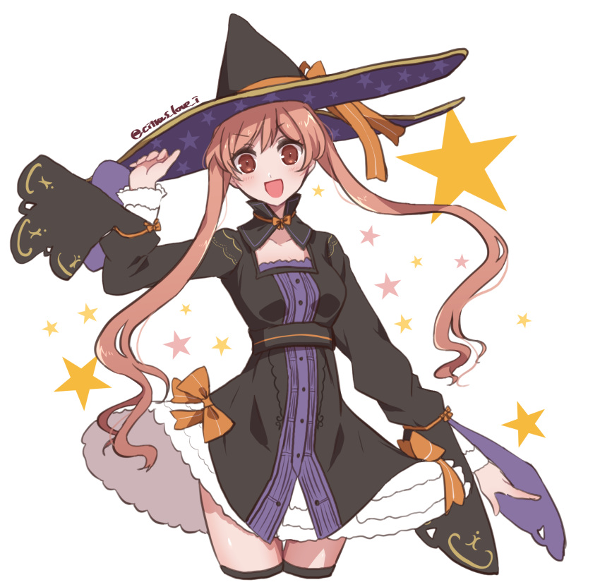 1girl, :d, atelier_(series), atelier_ayesha, black_dress, black_hat, blush, breasts