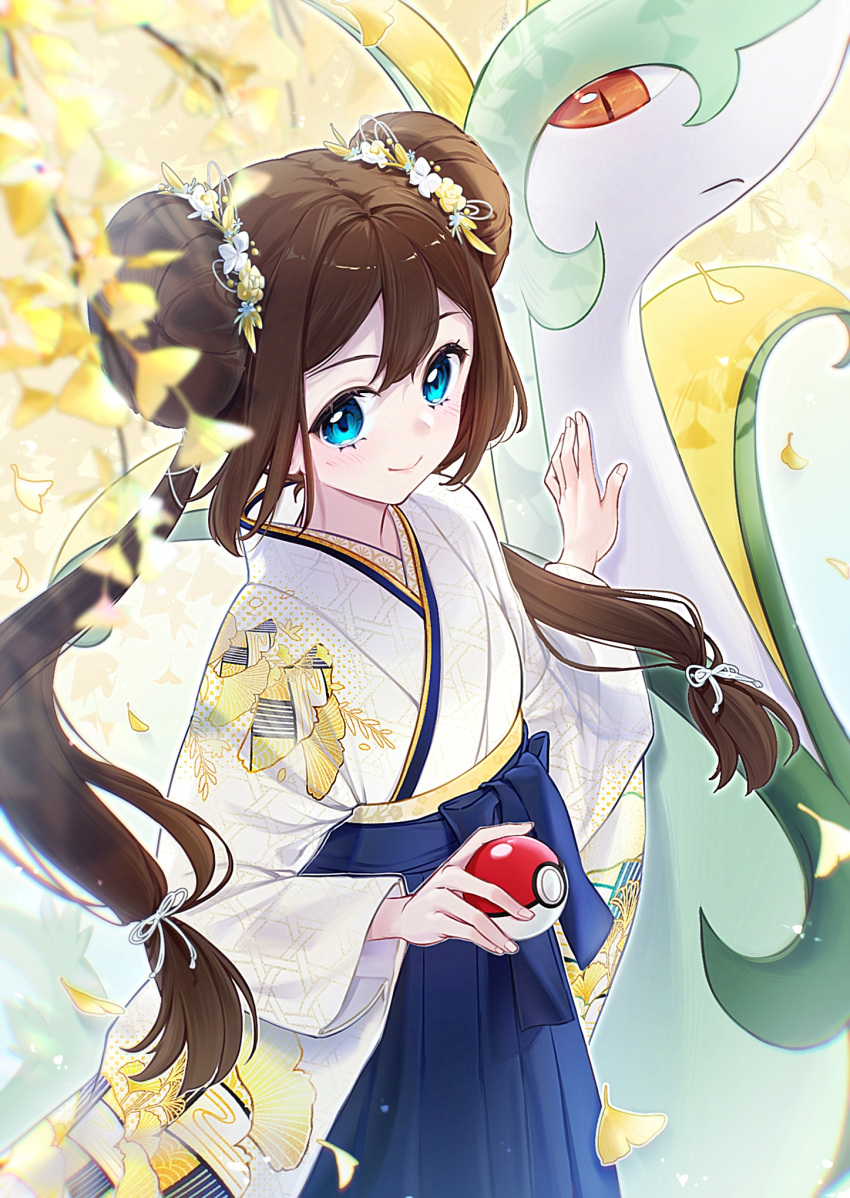 1girl, blue_eyes, blue_hakama, brown_hair, chin_yu_khn, closed_mouth, double_bun, eyelashes