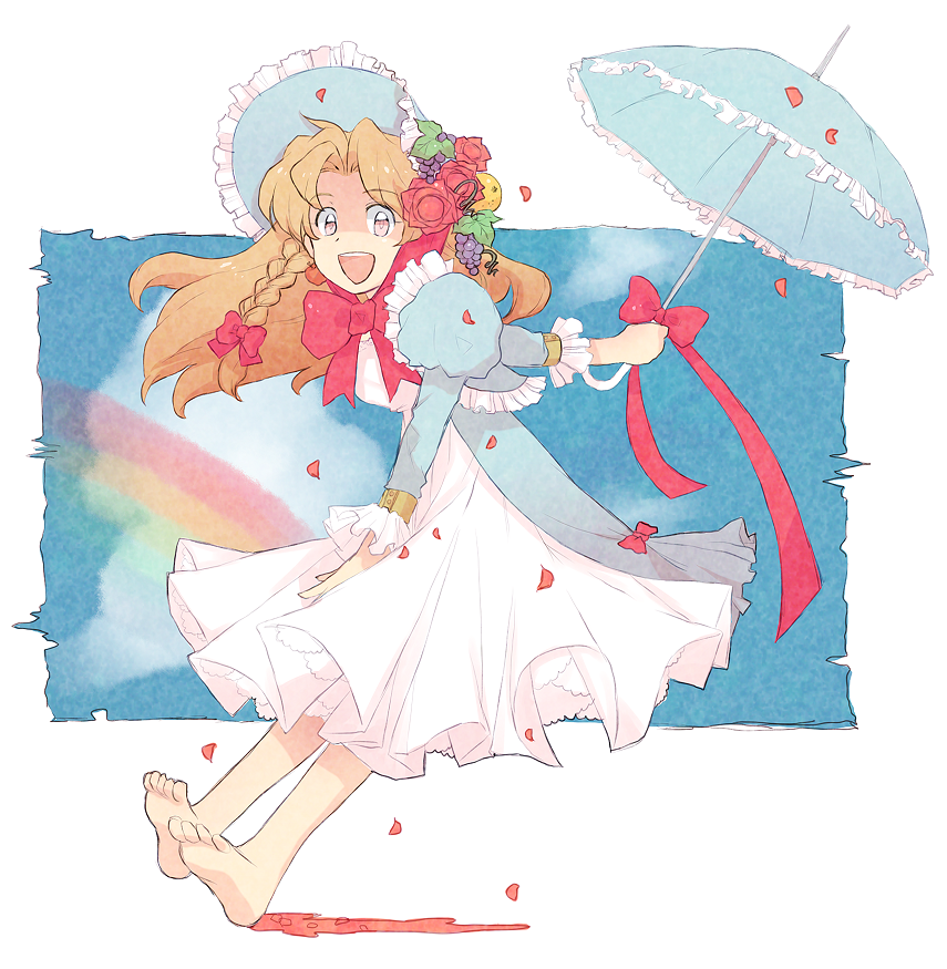 bow, braid, dress, feet, flower, food, frills, fruit