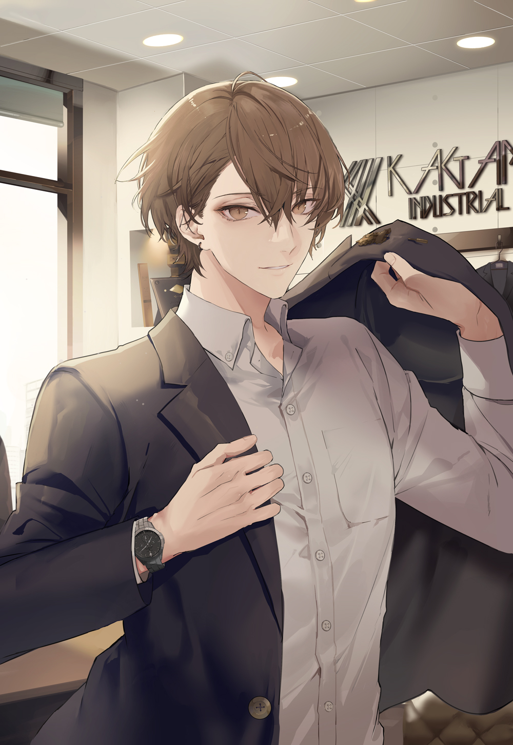 1boy, artist_request, black_jacket, brown_eyes, brown_hair, buttons, check_artist, collared_shirt