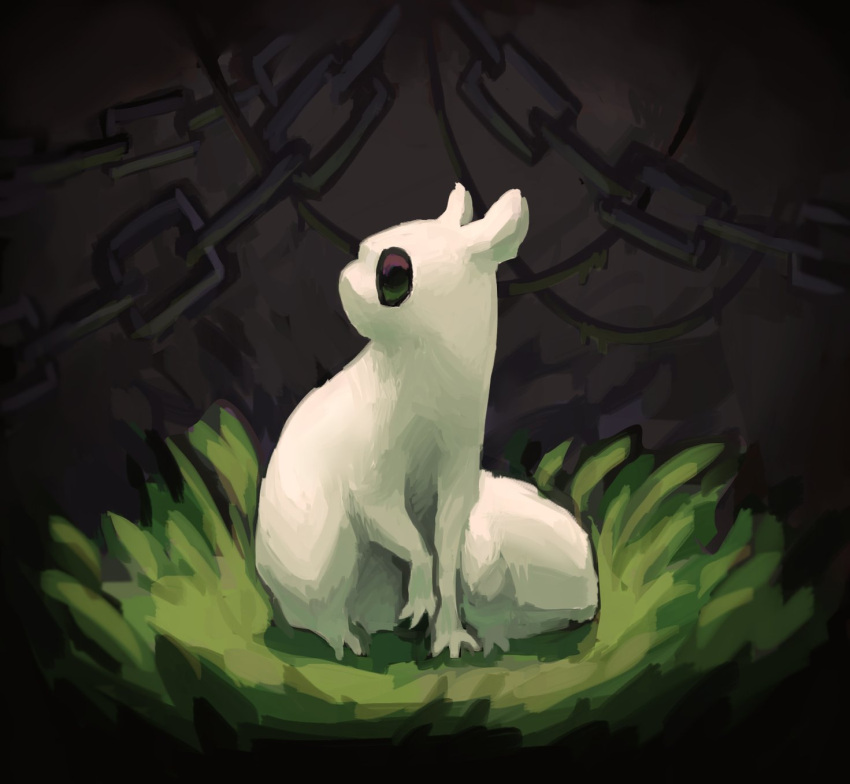 black_background, black_eyes, black_rope, chain, creature, grass, highres, looking_to_the_side, monster, no_humans, no_mouth, on_grass, on_ground, rain_world, rope, slugcat, slugfishh, survivor_(rain_world)