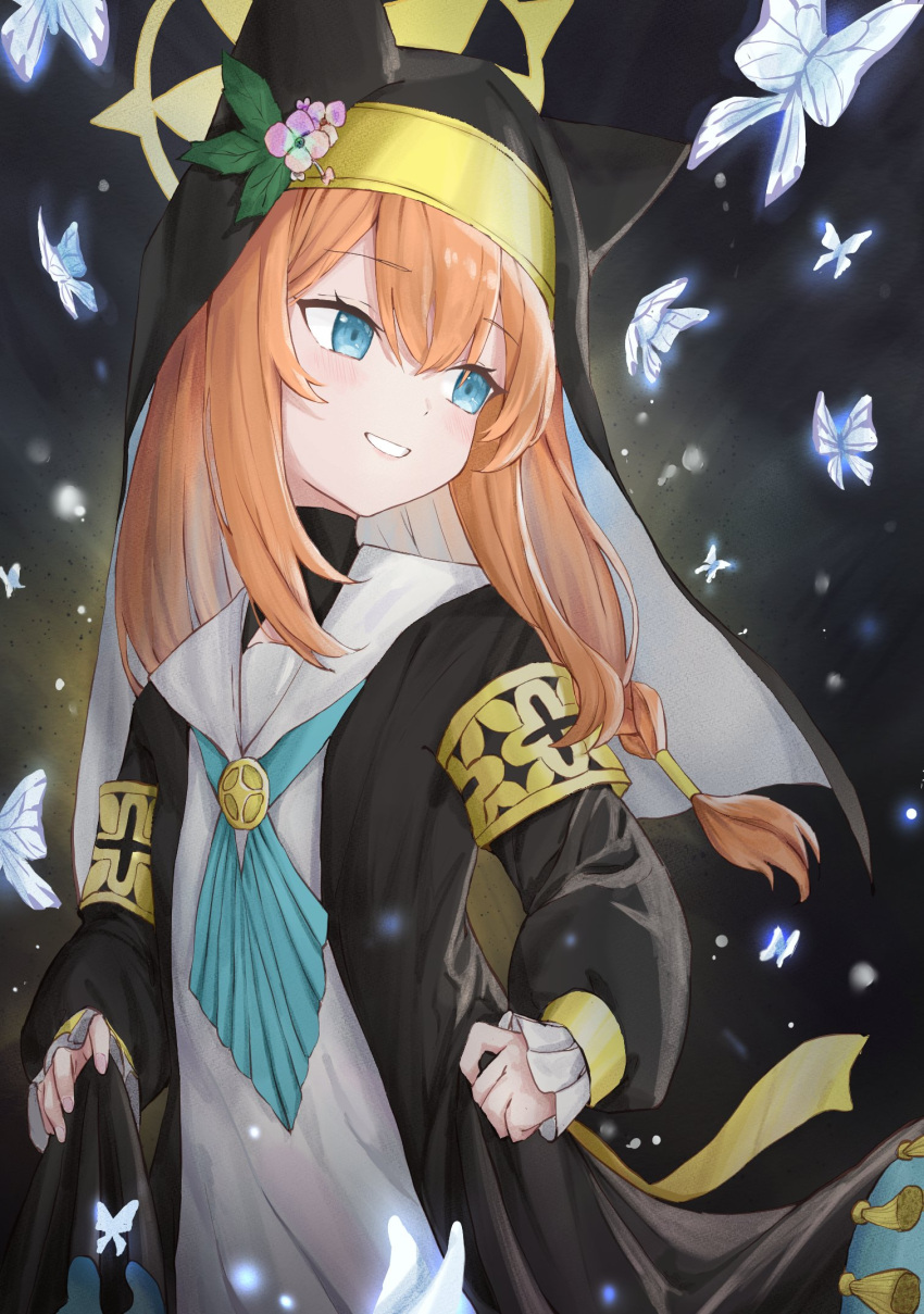 1girl, animal_ear_headwear, animal_ears, black_background, blue_archive, blue_eyes, blue_neckerchief, blush