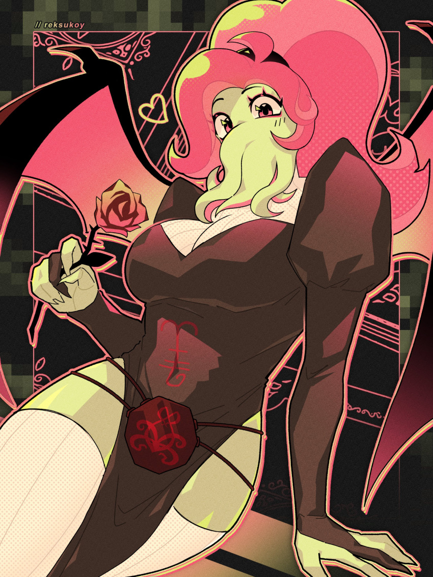 1girl, absurdres, bat_wings, black_dress, black_thighhighs, breasts, colored_skin, cthulhu_mythos, dress, green_skin, highres, large_breasts, ln'eta, looking_at_viewer, pink_eyes, pink_hair, reksukoy, solo, squid_girl, sucker_for_love, tentacle_hair, tentacles, thigh-highs, wings