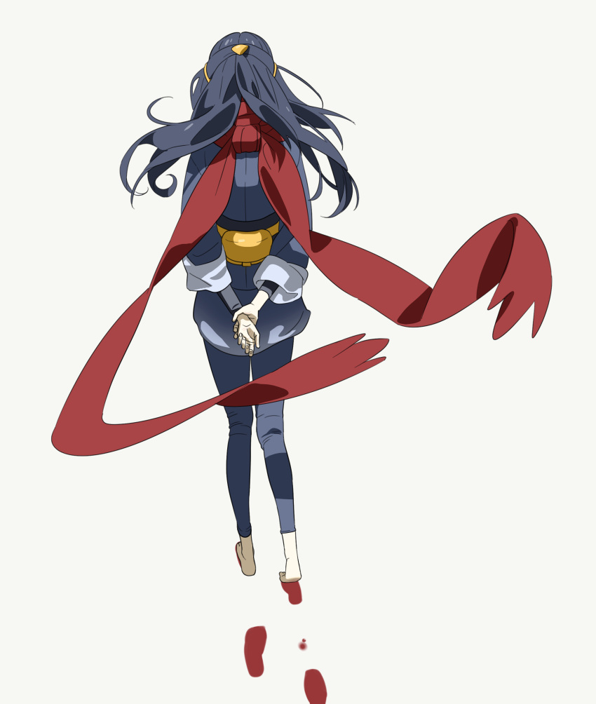1girl, 987645321o, absurdres, akari_(pokemon), barefoot, black_hair, blood, bloody_footprints