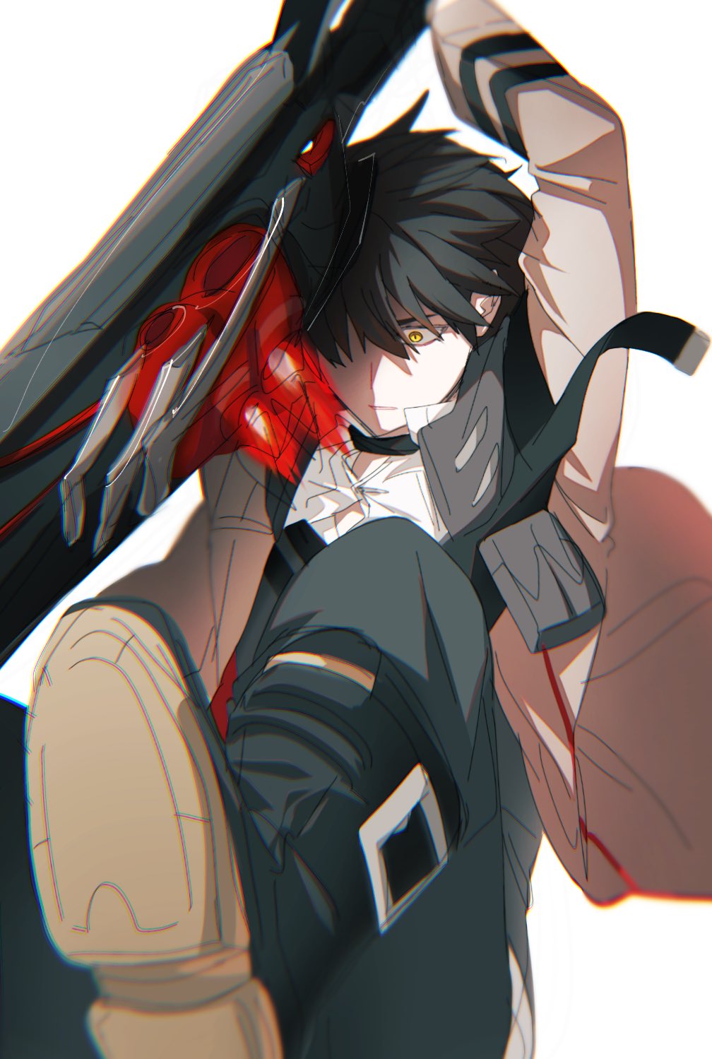 1boy, adam_(honkai_impact), black_footwear, black_hair, black_pants, boots, brown_coat, brown_eyes