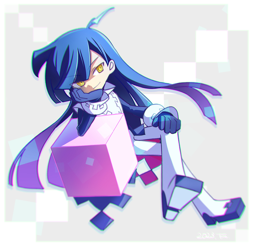 1boy, against_object, ahoge, asymmetrical_bangs, black_coat, black_footwear, black_gloves, blue_hair