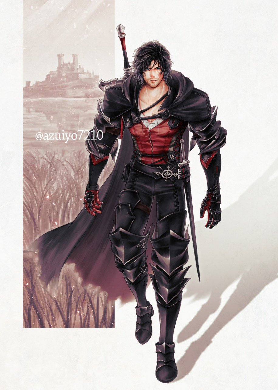 1boy, armored_gloves, azuiyo7210, belt, black_belt, black_cloak, black_footwear, black_gloves