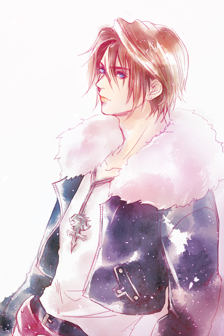 azuiyo7210, belt, black_jacket, blue_eyes, brown_hair, chain, chain_necklace, cropped_jacket