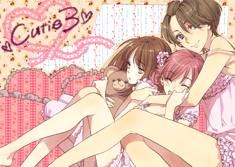 3girls, blue_eyes, blush, brown_eyes, brown_hair, closed_eyes, english, hanatsubaki_karen, lingerie, multiple_girls, pan_chira, pillow, pink_hair, protagonist_(tokimemo_gs3), smile, strap_slip, stuffed_animal, stuffed_toy, teddy_bear, tokimeki_memorial, tokimeki_memorial_girl's_side, tokimeki_memorial_girl's_side_3rd_story, tokimeki_memorial_girl's_side, tokimeki_memorial_girl's_side_3rd_story, ugajin_miyo, underwear