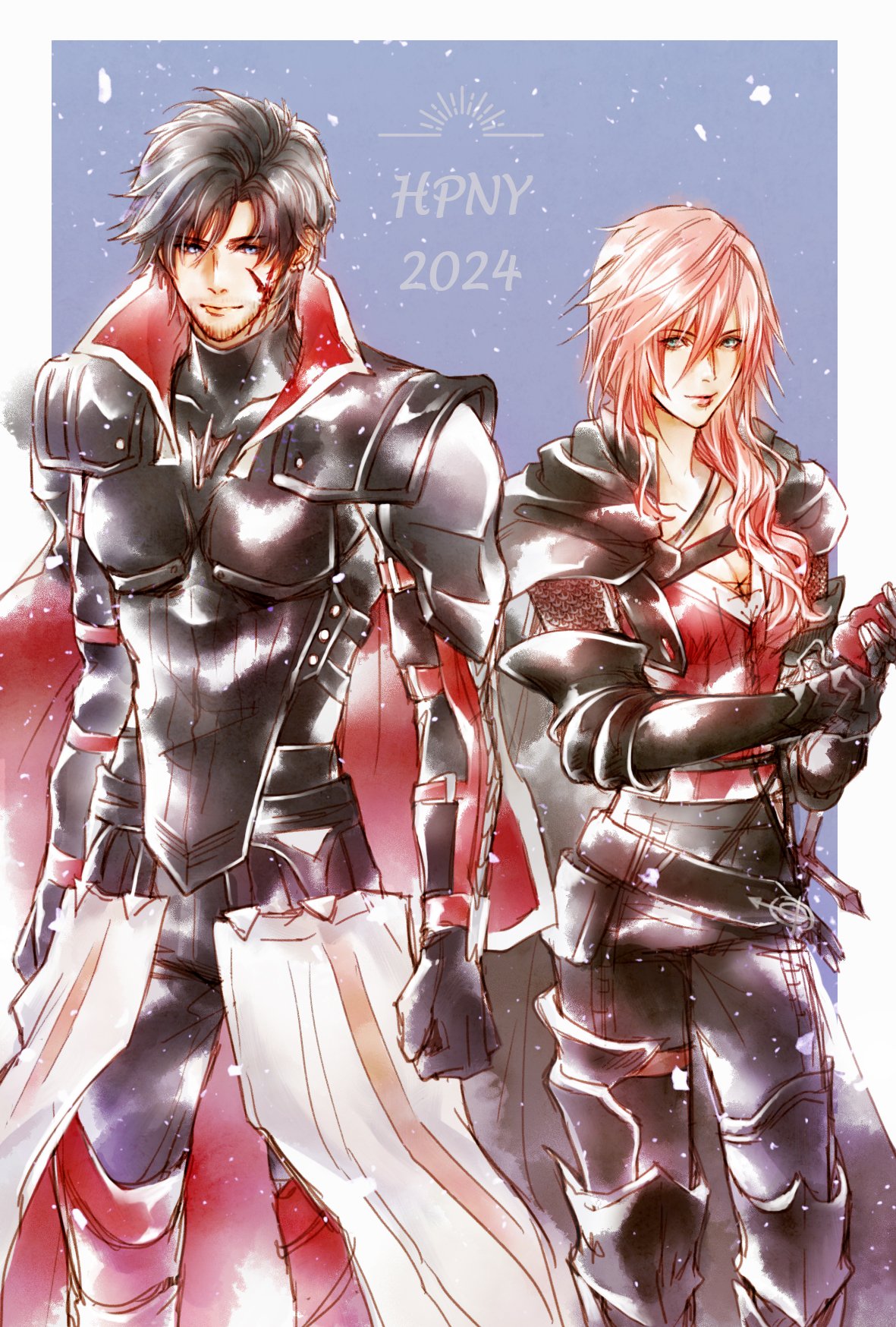 1boy, 1girl, aqua_eyes, armor, azuiyo7210, belt, black_cloak, black_hair