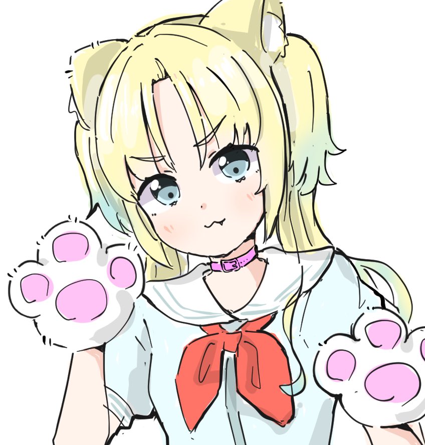 1girl, :3, animal_collar, animal_ears, animal_hands, blonde_hair, blue_eyes, blue_hair, closed_mouth, collar, commentary_request, dog_ears, dog_girl, dog_paws, fang, fang_out, gloves, gradient_hair, harino_(love_live!), kemonomimi_mode, light_blue_hair, light_blush, link!_like!_love_live!, long_hair, looking_at_viewer, love_live!, multicolored_hair, osawa_rurino, parted_bangs, paw_gloves, pink_collar, simple_background, solo, tazaki_masanobu, twintails, upper_body, virtual_youtuber, white_background