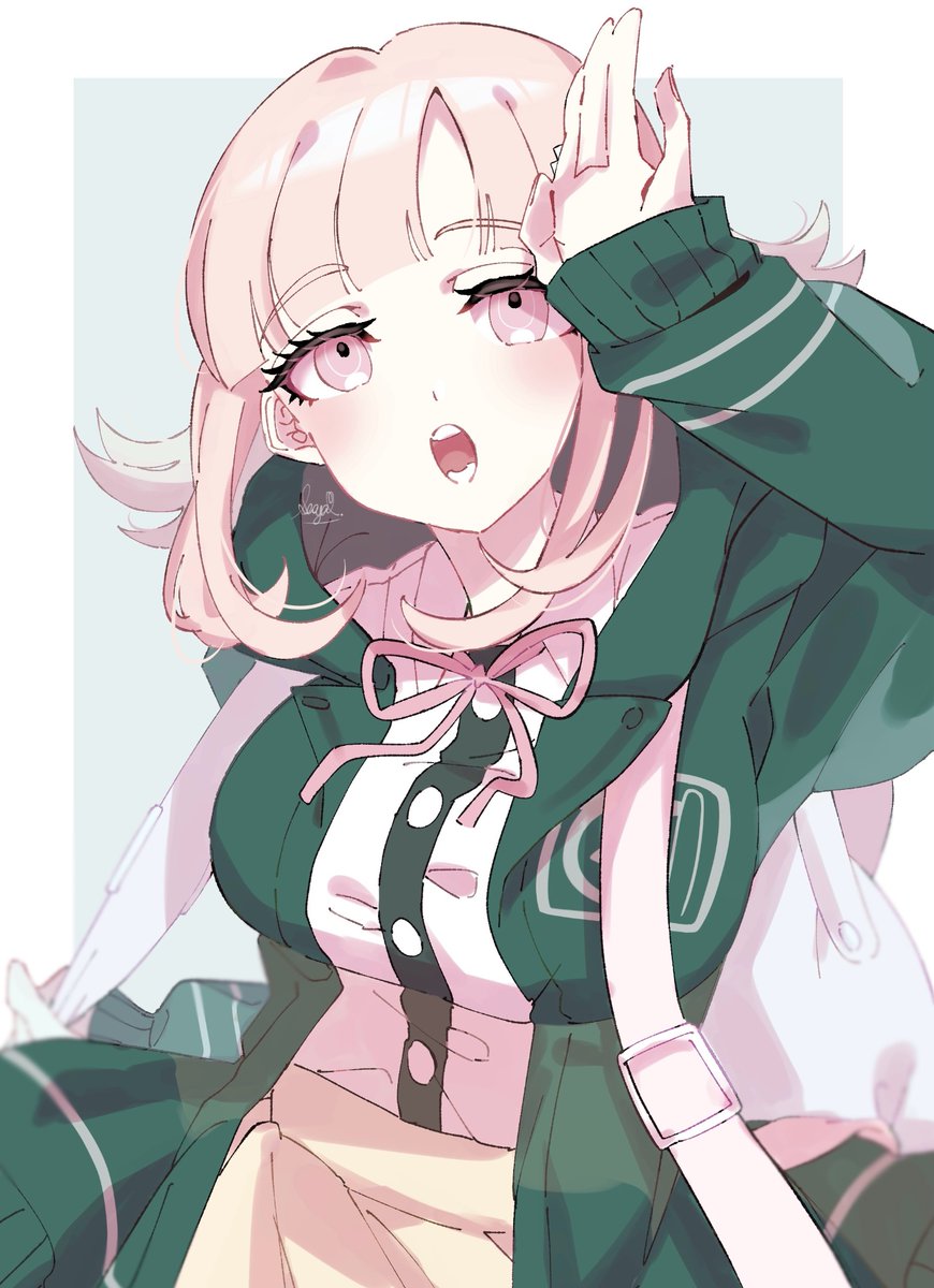 1girl, :o, blush, brown_hair, brown_skirt, danganronpa_(series), danganronpa_2:_goodbye_despair, dress_shirt