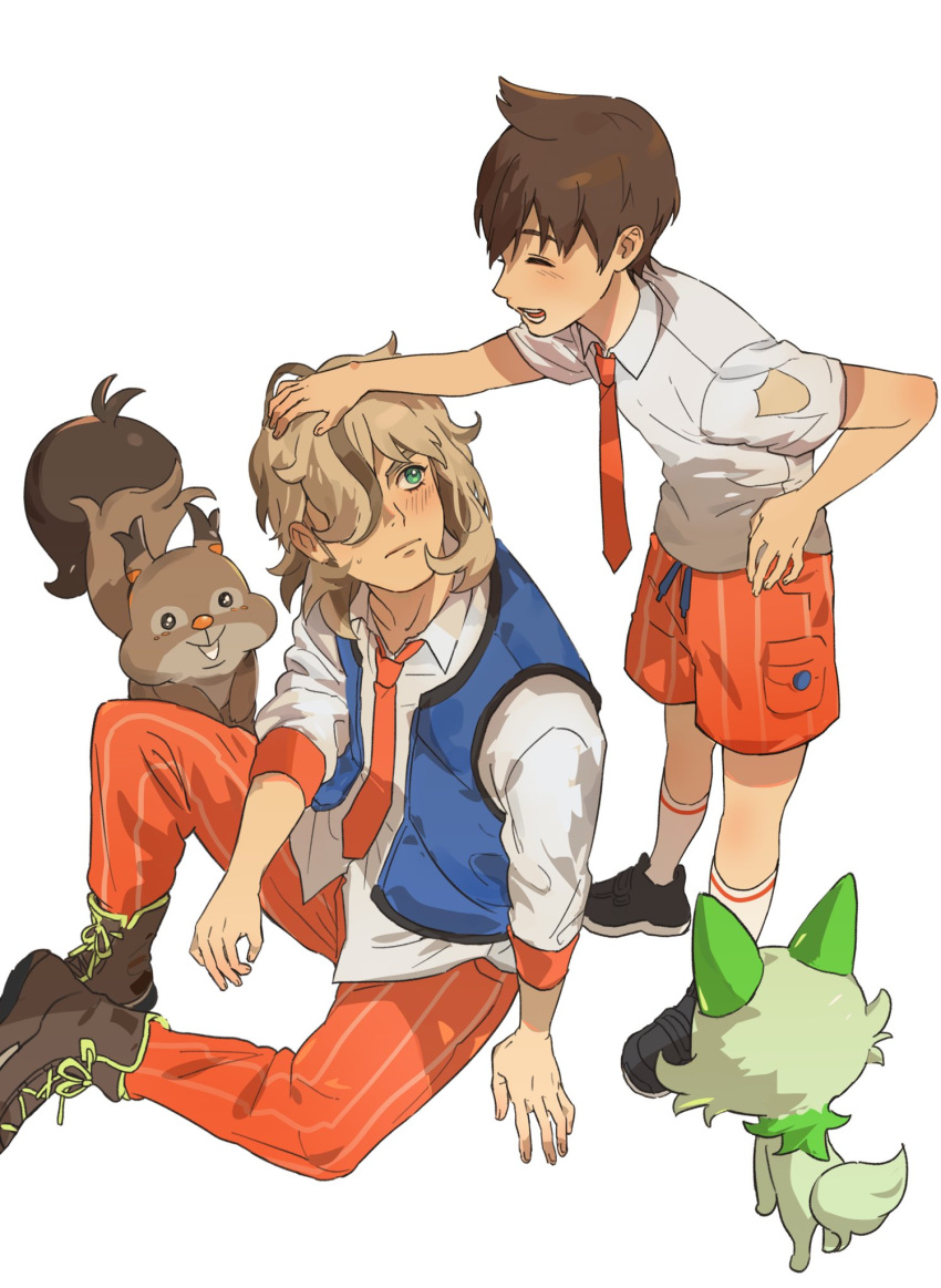 2boys, ;d, arven_(pokemon), black_footwear, blue_vest, boots, brown_footwear, brown_hair