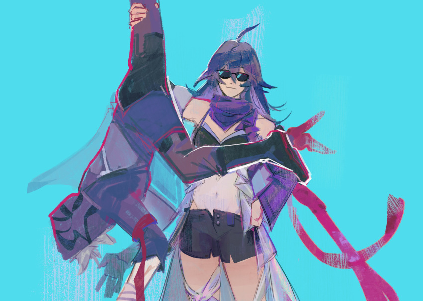 1boy, 1girl, absurdres, ahoge, arm_up, armpits, bandaged_wrist, bandages, bare_shoulders, black_footwear, black_shorts, blue_background, boots, bra, closed_mouth, covered_navel, cropped_jacket, detached_sleeves, friends, from_side, gloves, grey_hair, grey_pants, hair_between_eyes, hair_down, hand_on_own_hip, highres, honkai:_star_rail, honkai_(series), hood, hood_up, huge_ahoge, jacket, leg_grab, long_hair, long_sleeves, moze_(honkai:_star_rail), navel, open_fly, pants, purple_hair, purple_hood, purple_jacket, purple_scarf, purple_tank_top, scar, scar_on_arm, scarf, see-through, seele_(honkai:_star_rail), short_hair, short_shorts, shorts, simple_background, standing, stomach, sunglasses, tank_top, underwear, wavy_hair, wide_sleeves, wildliime
