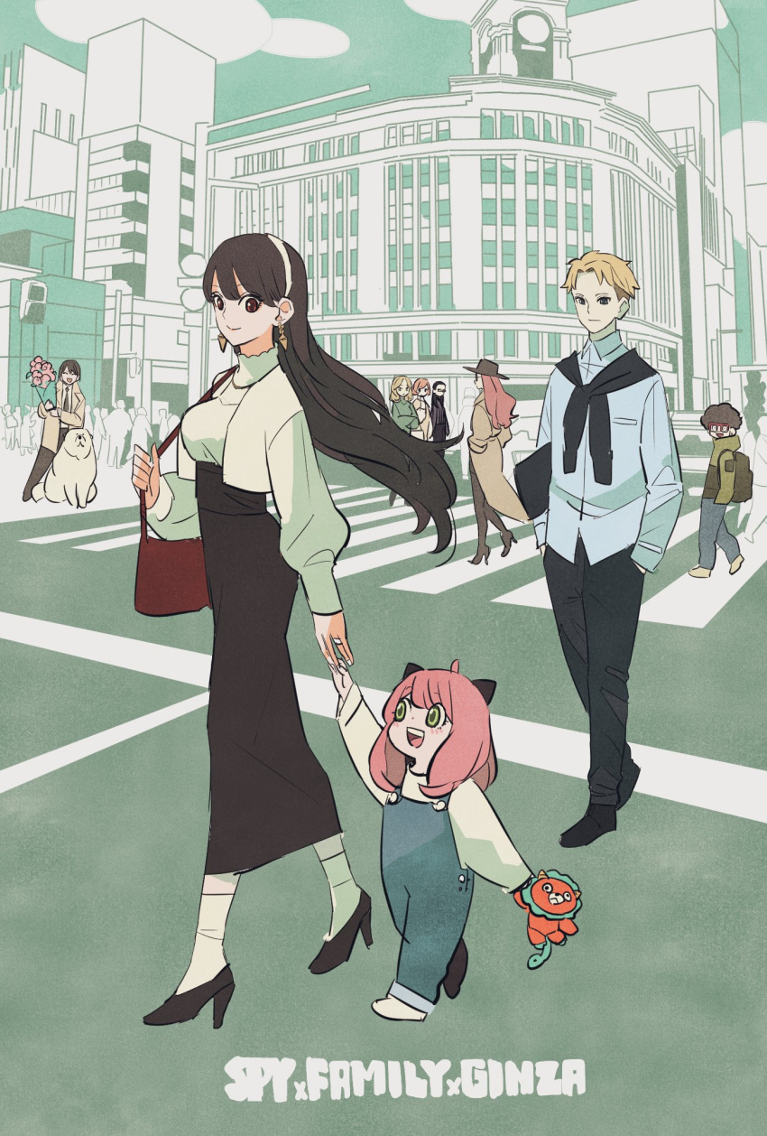 3boys, 6+girls, animal, anya_(spy_x_family), bag, blonde_hair, bond_(spy_x_family), bouquet