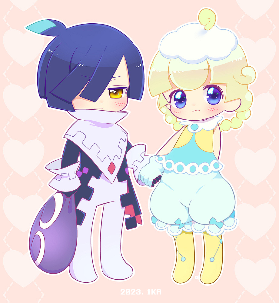 1boy, 1girl, :3, :|, adapted_costume, aged_down, ahoge, aqua_shirt