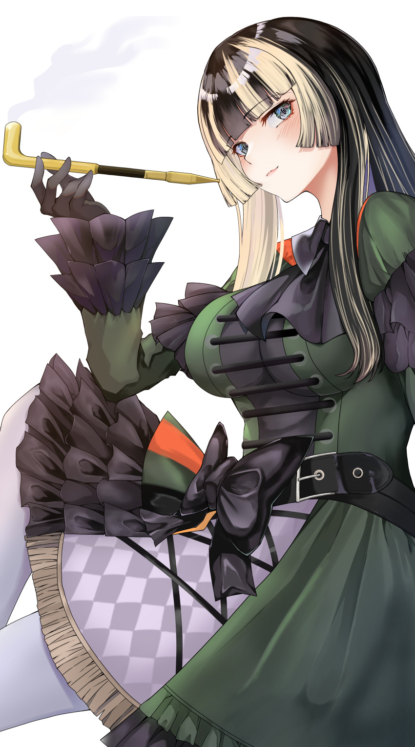 1girl, absurdres, belt, black_belt, black_bow, black_hair, blue_eyes, bow