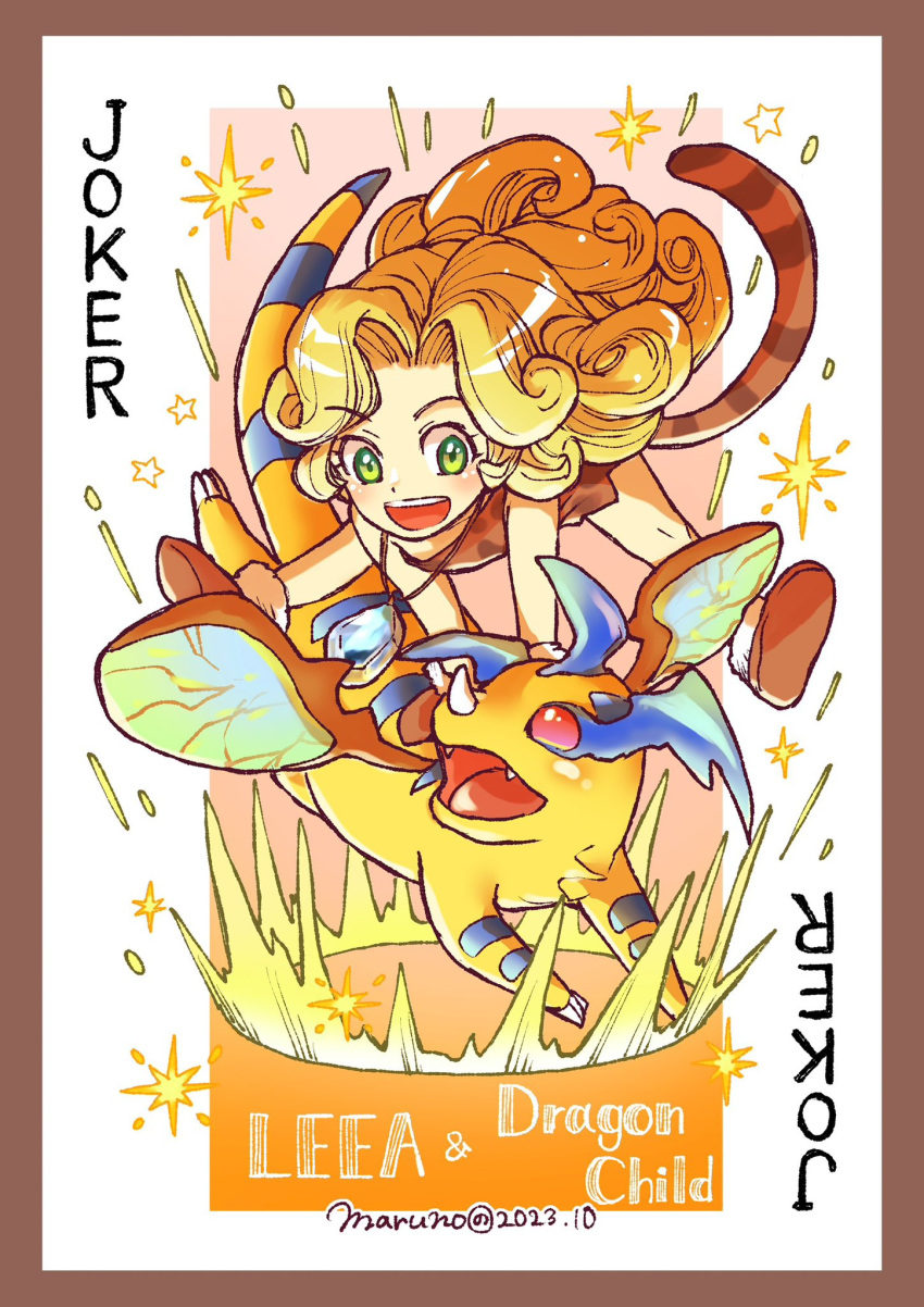 1girl, blonde_hair, border, brown_border, brown_footwear, brown_tunic, card, character_name, child, chrono_cross, crystal, curly_hair, dated, draggy_(chrono_cross), dragon, full_body, green_eyes, highres, horns, jewelry, joker_(playing_card), jumping, leah_(chrono_cross), long_hair, maruno, open_mouth, parted_bangs, pendant, playing_card, red_eyes, single_horn, smile, striped_tail, tail, tunic, twitter_username