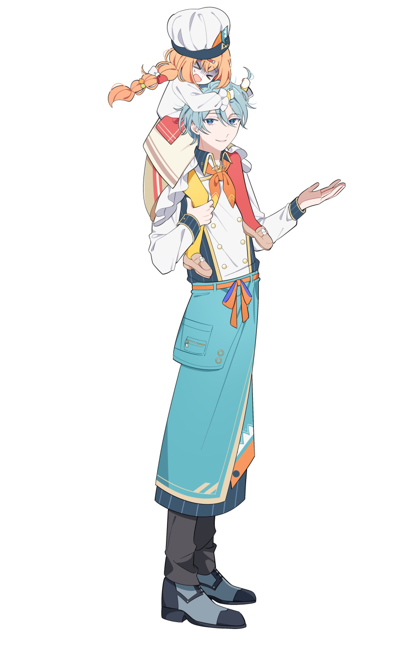 1boy, 1girl, absurdres, apron, blue_eyes, braid, full_body, hair_ornament