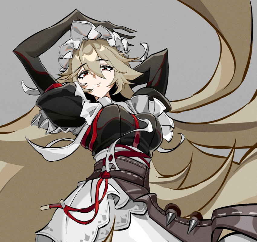 1girl, alexandrina_sebastiane, arms_up, atlantis_(artist), black_dress, breasts, closed_mouth, dress, grey_background, hair_between_eyes, large_breasts, long_hair, long_sleeves, looking_at_viewer, maid, maid_headdress, red_eyes, sidelocks, simple_background, smile, solo, upper_body, zenless_zone_zero