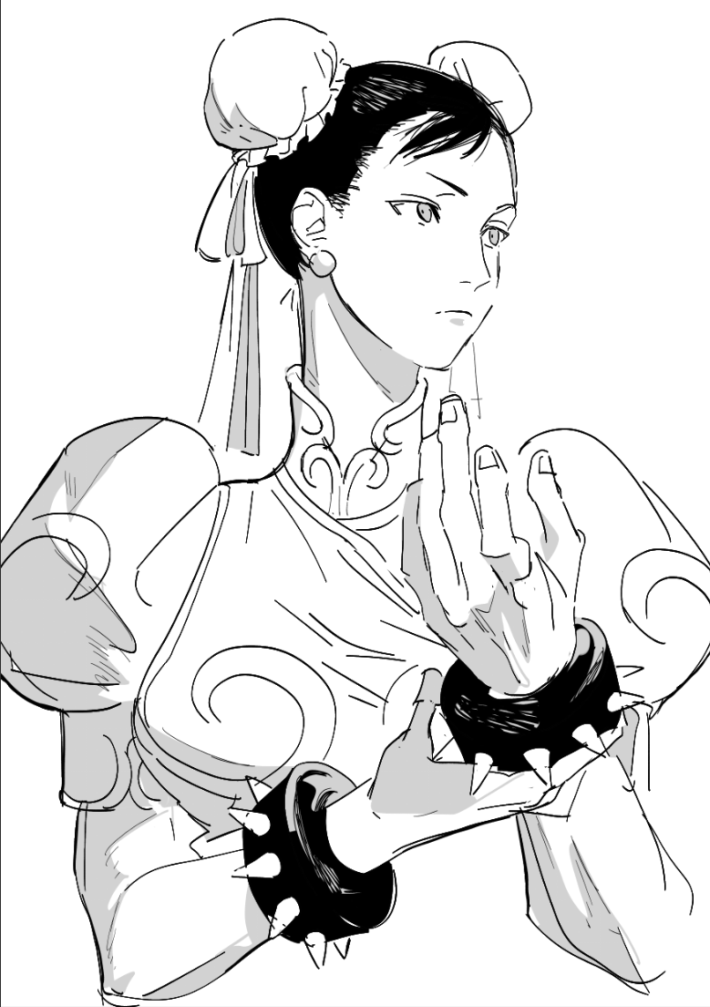 1girl, adjusting_wristband, black_hair, bracelet, breasts, bun_cover, china_dress, chinese_clothes, chun-li, closed_mouth, double_bun, dress, earrings, greyscale, hair_bun, hair_ribbon, jewelry, medium_breasts, monochrome, pearl_earrings, puffy_short_sleeves, puffy_sleeves, ribbon, shioajiass, short_sleeves, sketch, solo, spiked_bracelet, spikes, street_fighter, updo, upper_body, white_background