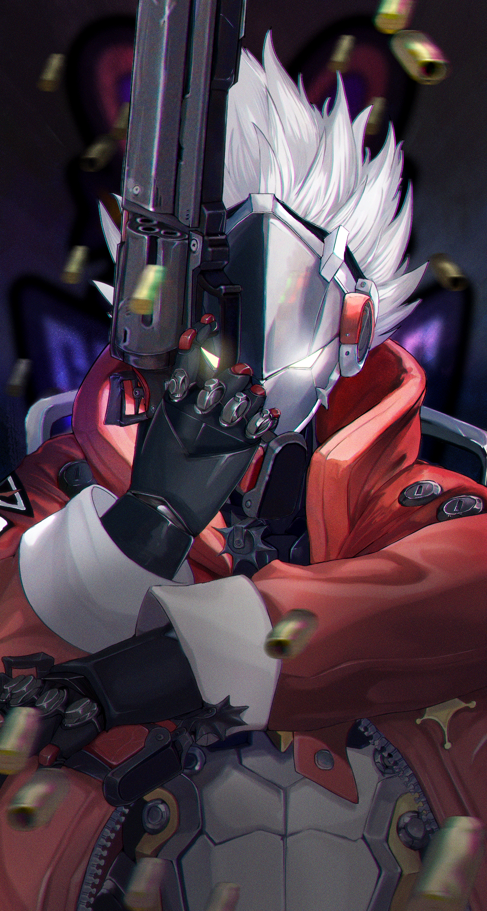 1boy, badge, billy_kid, blurry, blurry_background, blurry_foreground, commentary_request, cyborg