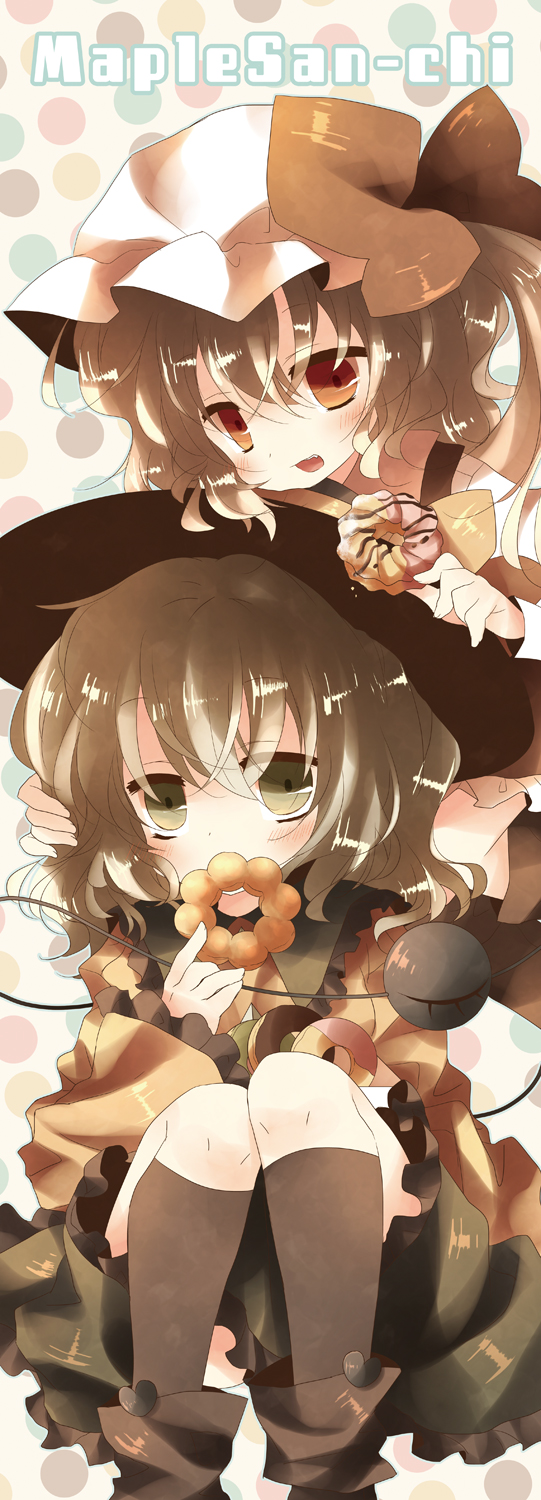anju_(meipurusanchi), anju_(pixiv), bad_id, blonde_hair, blush, braid, doughnut, flandre_scarlet