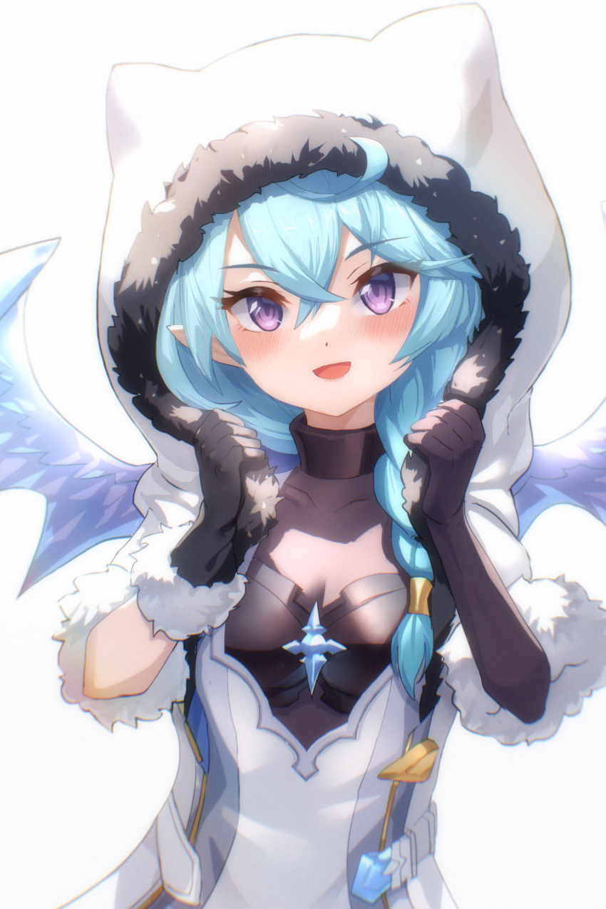 1girl, blue_hair, blue_wings, braid, braided_ponytail, crystal_wings, dragon_girl, dragon_horns