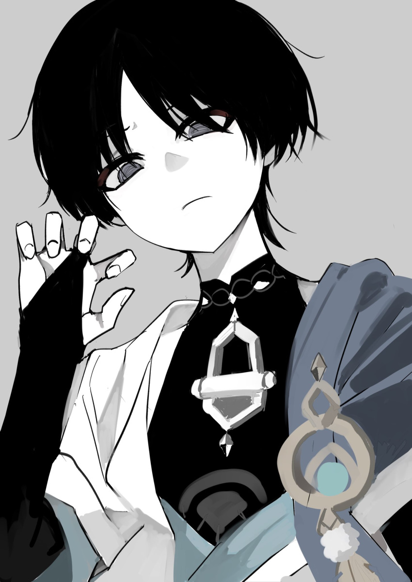 1boy, aqua_sleeves, black_bodysuit, black_hair, blue_cape, blunt_ends, bodysuit, bridal_gauntlets