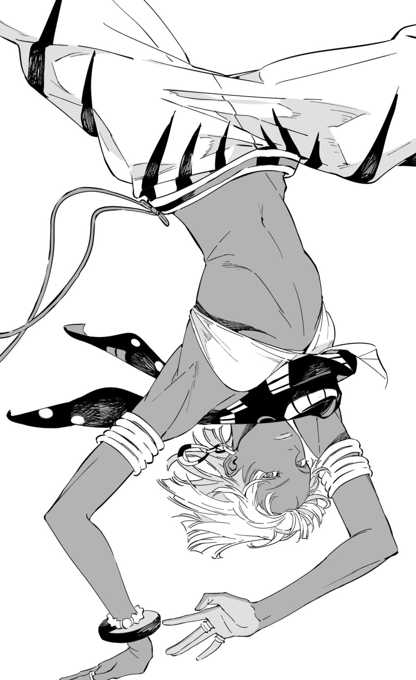 1girl, armlet, armpits, arms_up, bangle, bracelet, breasts, crop_top, dark-skinned_female, dark_skin, earrings, elena_(street_fighter), greyscale, highres, jewelry, medium_breasts, midriff, monochrome, multiple_rings, navel, neckerchief, pants, ring, shioajiass, short_hair, solo, street_fighter, striped_clothes, striped_pants, under_boob, upper_body, upside-down, white_background, white_hair