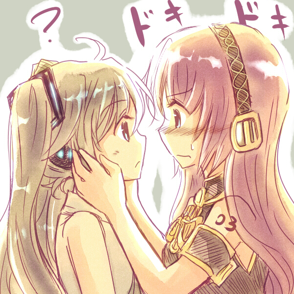2girls, ?, blush, eye_contact, hatsune_miku, looking_at_another, megurine_luka, multiple_girls