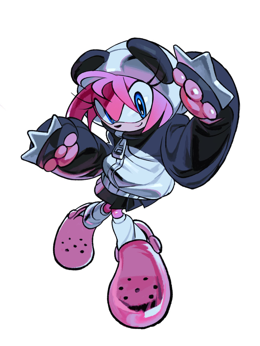 1girl, alternate_eye_color, amy_rose, animal_costume, animal_hood, animal_nose, black_jacket, black_skirt